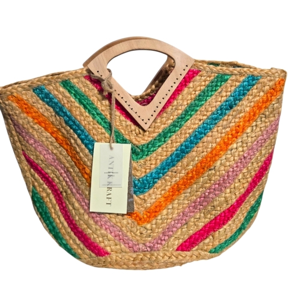 Antik Kraft Colorful Woven Chevron Jute Tote Bag